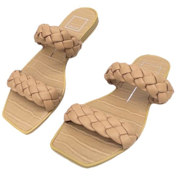 Dolce Vita Square Toe Flat Slide Sandals Tan Women's 7 Braided Indy - Picture 1 of 6